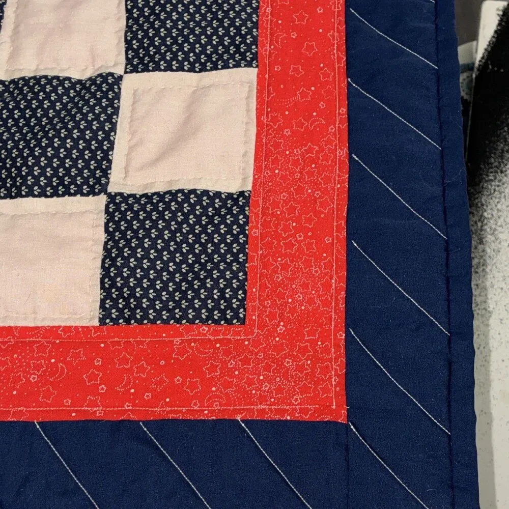 Red Blue White Patchwork Quilt Cottage Style 37 x 48 Rectangular